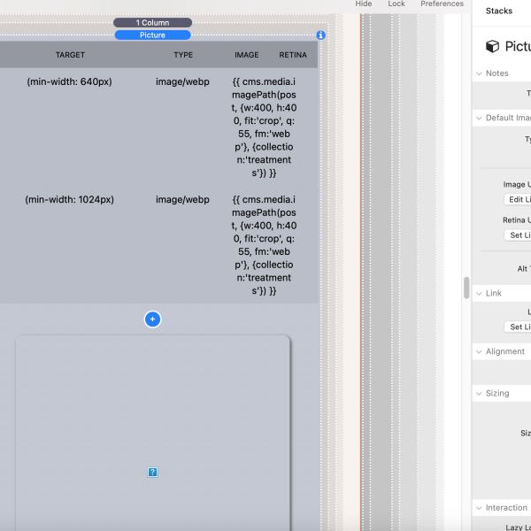 Using the F6 Picture stack to display an image with three different sets of parameters controlled by Twig syntax.