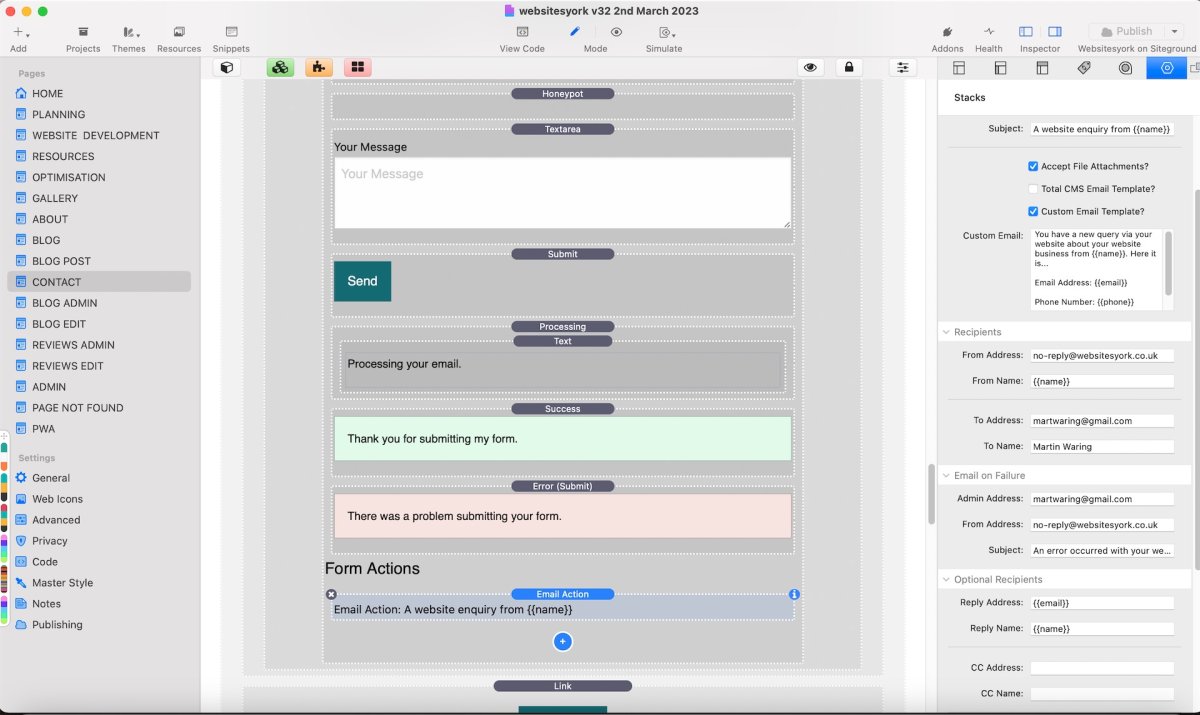 Screenshot of the Rapidweaver setup