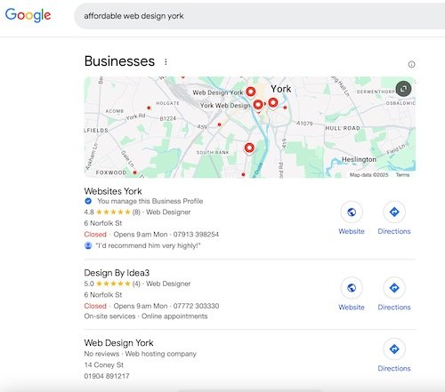 Google search results page showing local business entries.