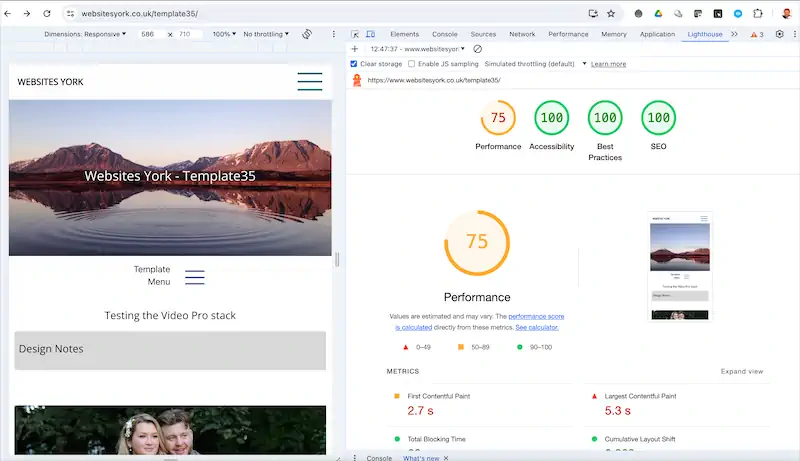 Lighthouse scores for Video Pro