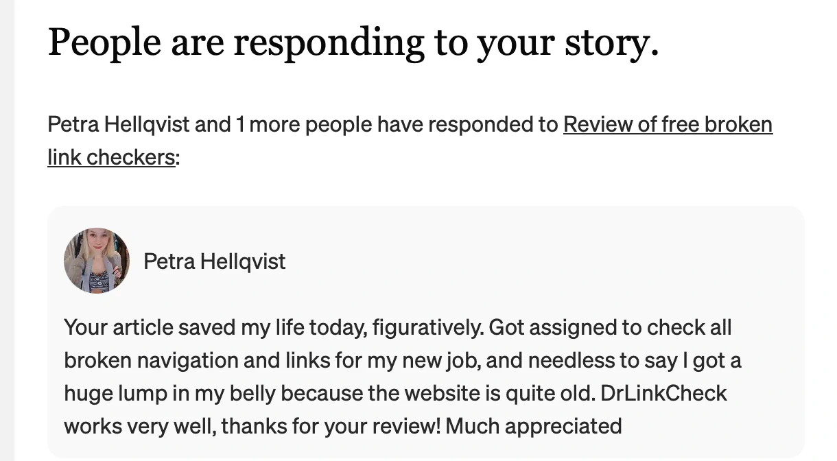 Response on Medium to DR Link Check article